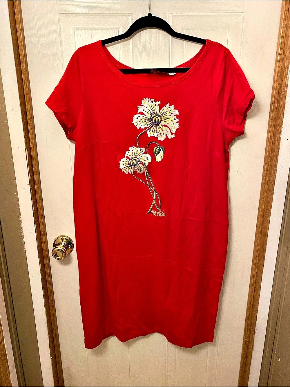 Bob Mackie Floral Embroidered Red Short Sleeve Tee Shirt Dress NWT